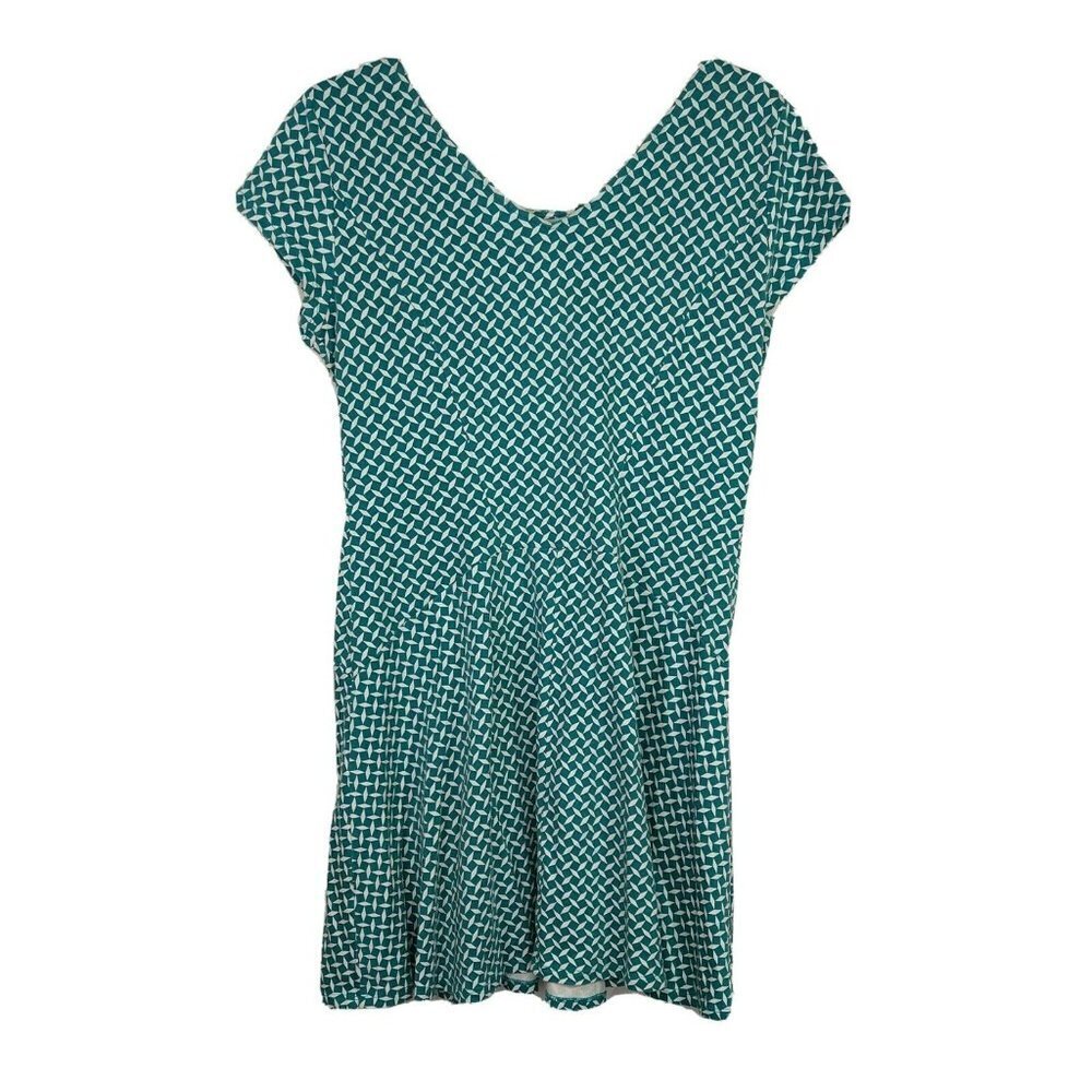 New York & Company Fit & Flare Dress Women Size L Green White Geometric